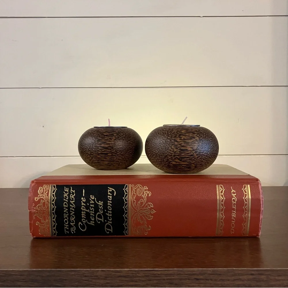 Turned Wooden Globe Candle Holders Rustic Vintage Earthy Decor